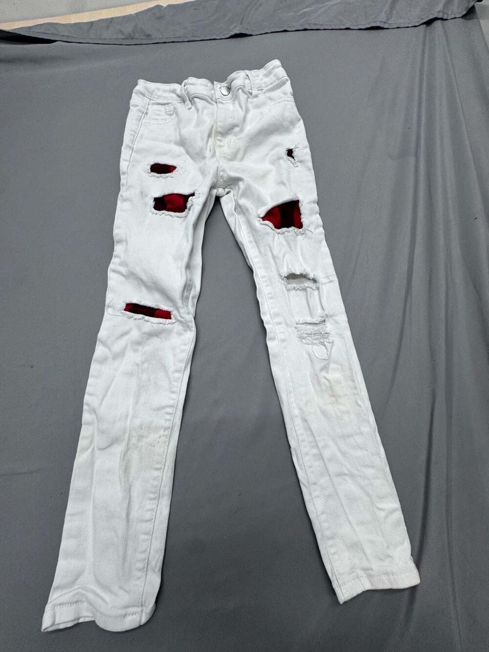 SHEIN Distressed Jeans Size 11-12Y White Red Plaid Patchwork Skinny